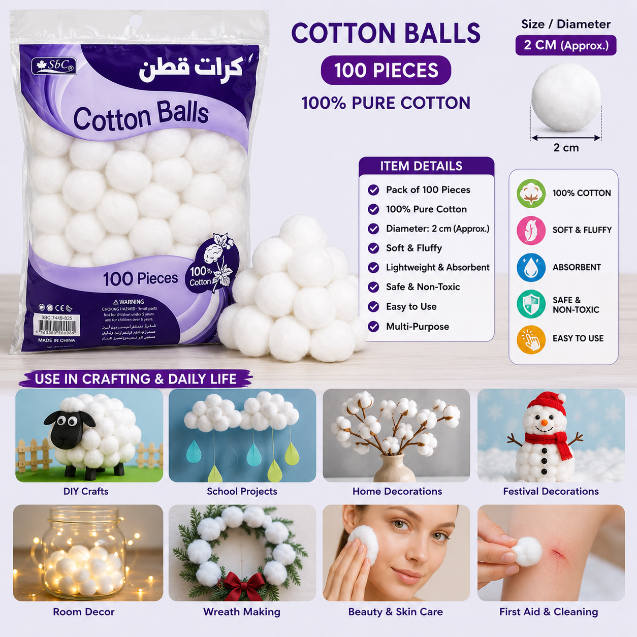 White Cotton Balls 2cm Pack of 100 for Crafts and Cleaning