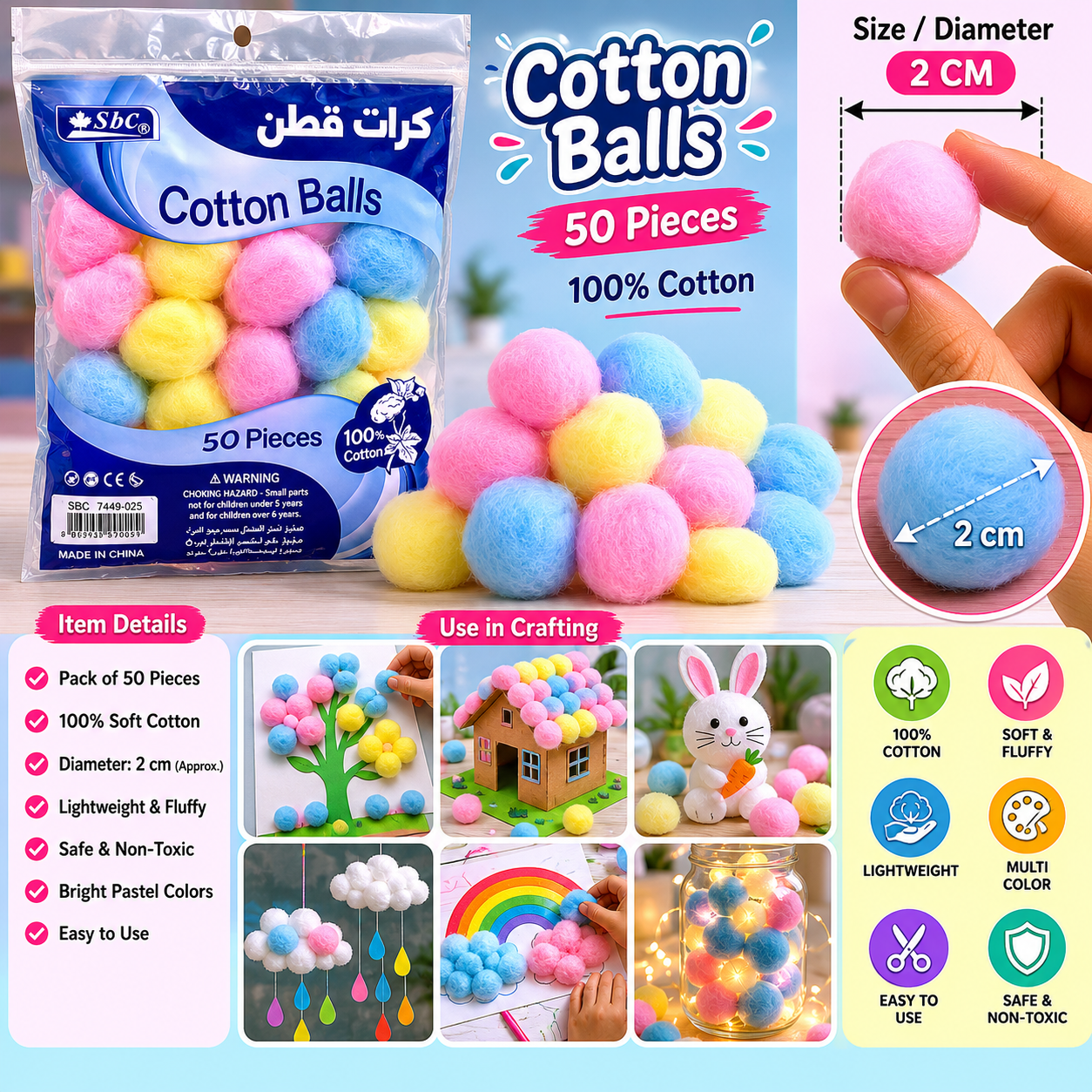 Pastel Cotton Balls 2cm Pack of 50 for Crafts and Decoration