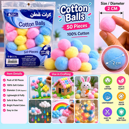 Pastel Cotton Balls 2cm Pack of 50 for Crafts and Decoration