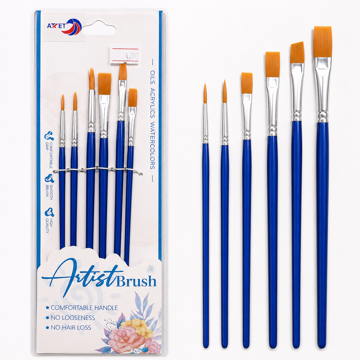 Artist Paint Brush Set 6 Pieces 20cm for Acrylic Oil Watercolor