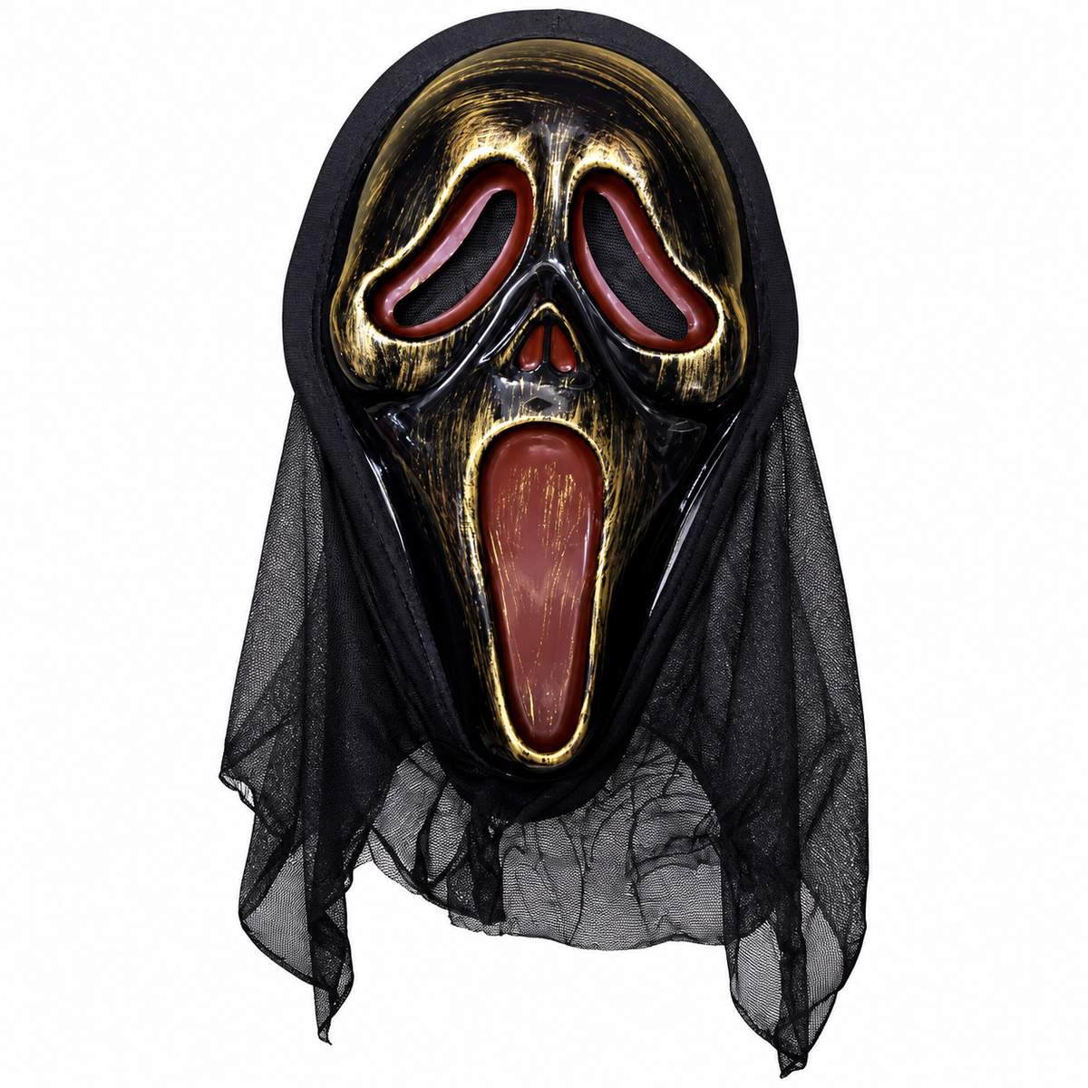 Gold Black Ghost Face Halloween Mask with Mesh Hood