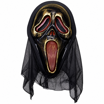 Gold Black Ghost Face Halloween Mask with Mesh Hood
