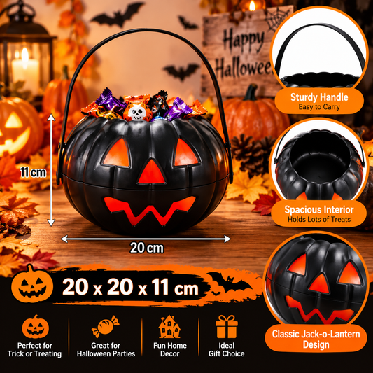 Black Halloween Pumpkin Candy Bucket 20 cm – Spooky Trick or Treat Basket with Handle