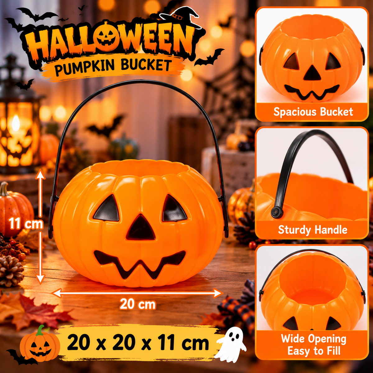 Orange Halloween Pumpkin Candy Bucket 20 cm – Trick or Treat Basket with Handle
