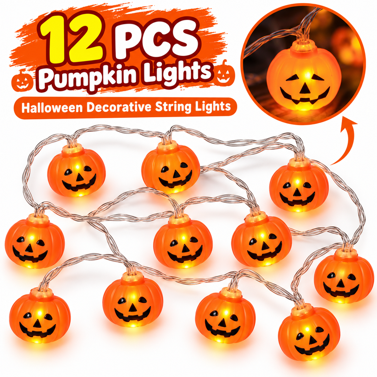 Halloween Pumpkin String Lights, 12PCS Jack-O’-Lantern Decorative Lights