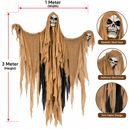Giant 3M Hanging Grim Reaper Halloween Decoration with Skull Detail