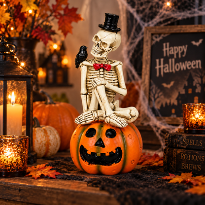 30CM Skeleton on Pumpkin Halloween Tabletop Decoration with Crow