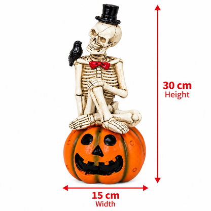 30CM Skeleton on Pumpkin Halloween Tabletop Decoration with Crow