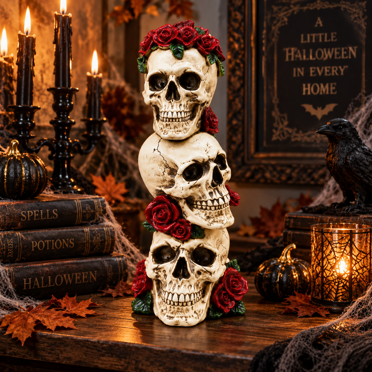 Triple Skull Halloween Decoration with Red Roses, 25CM