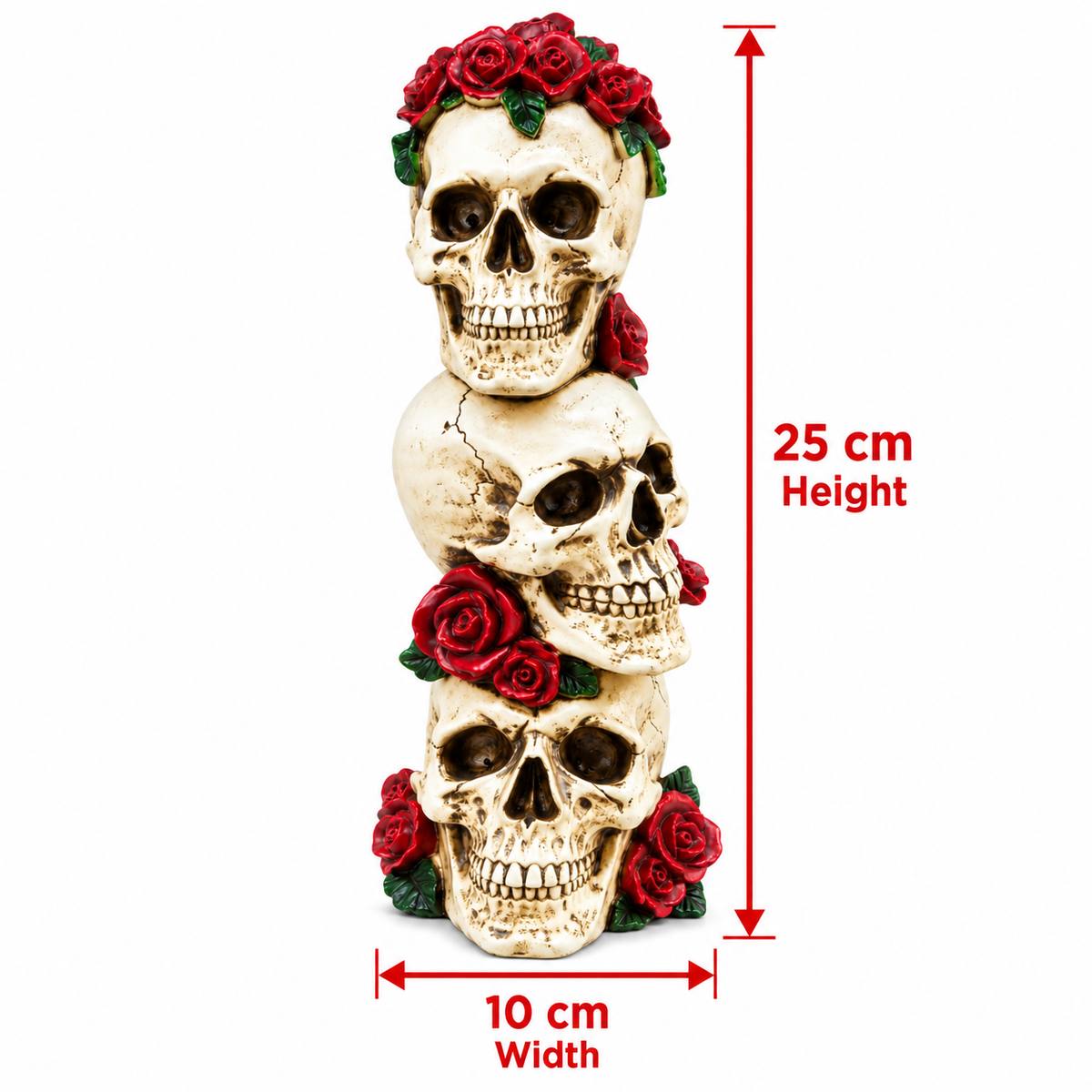 Triple Skull Halloween Decoration with Red Roses, 25CM