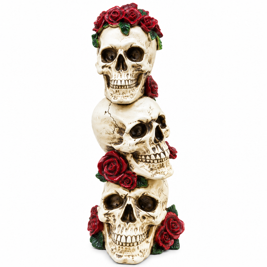 Triple Skull Halloween Decoration with Red Roses, 25CM