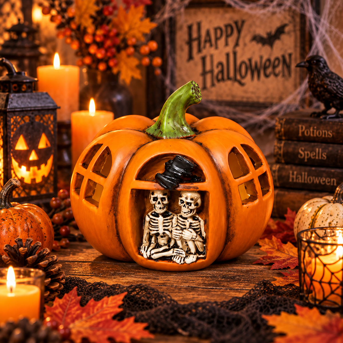 Halloween Pumpkin Skeleton Couple Decoration, 20CM Wide