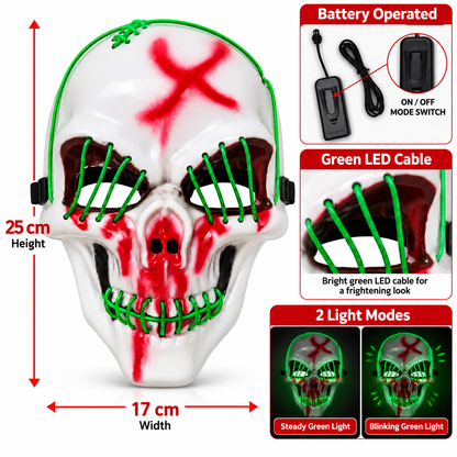 White LED Skull Halloween Mask with Green Light, 25CM