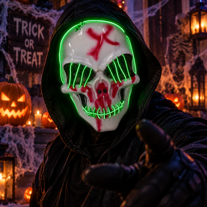 White LED Skull Halloween Mask with Green Light, 25CM