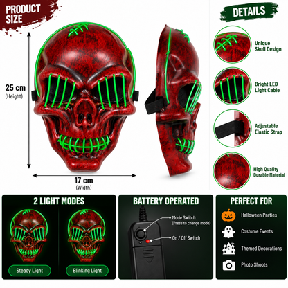 Red LED Skull Halloween Mask with Green Light, 25CM