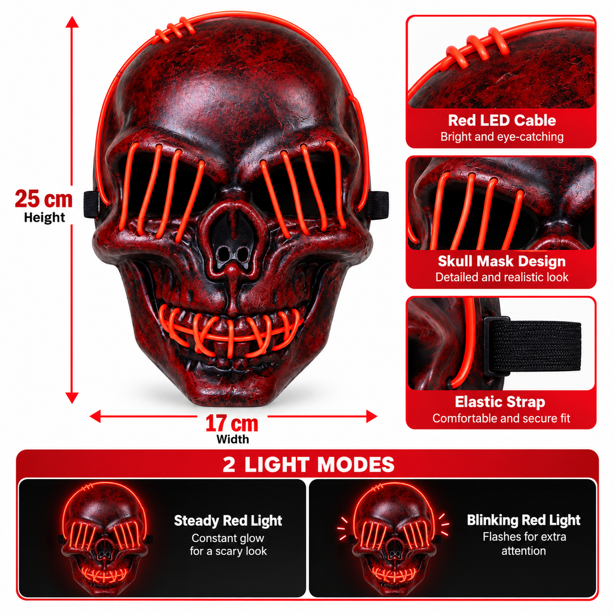 Red LED Skull Halloween Mask with Red Light, 25CM