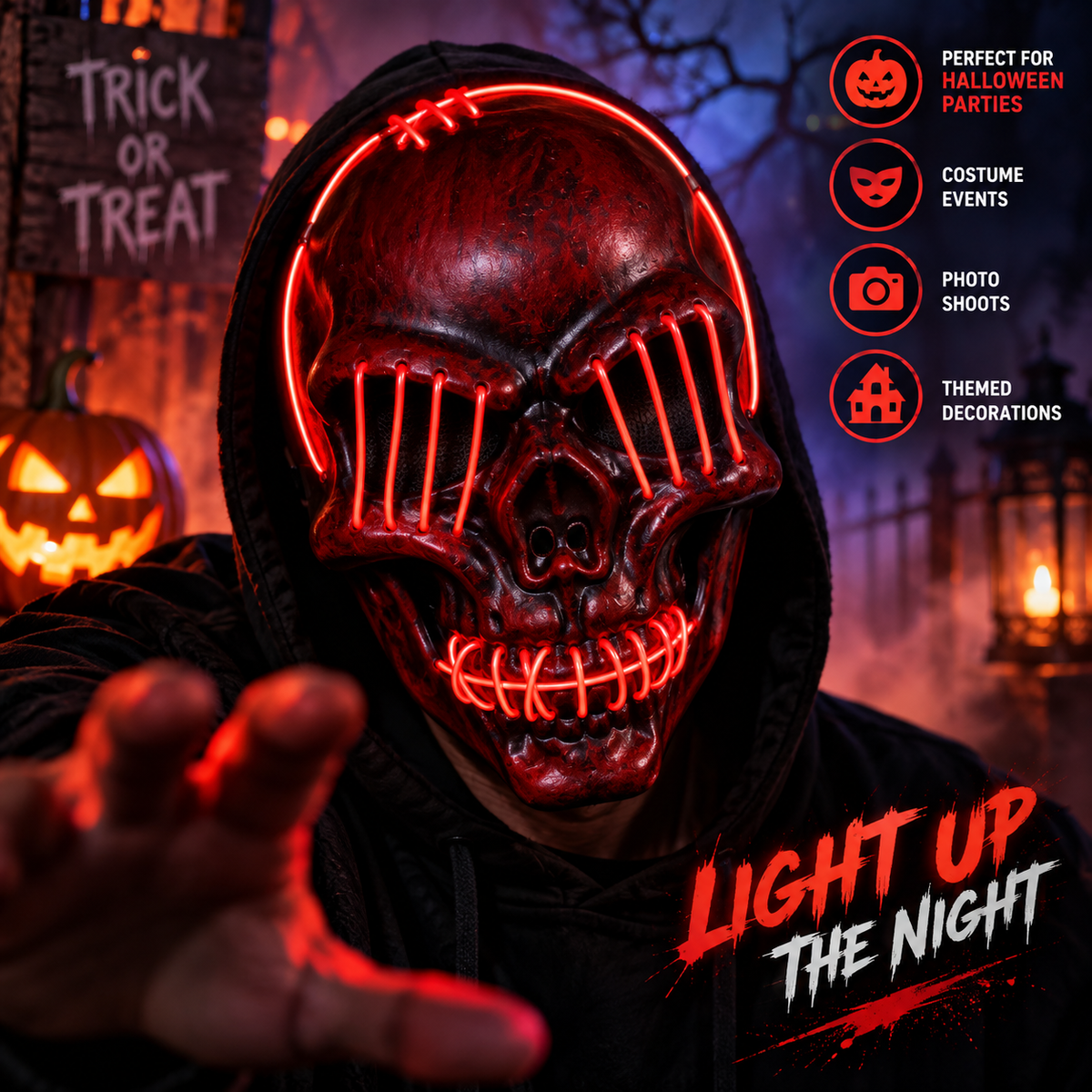 Red LED Skull Halloween Mask with Red Light, 25CM