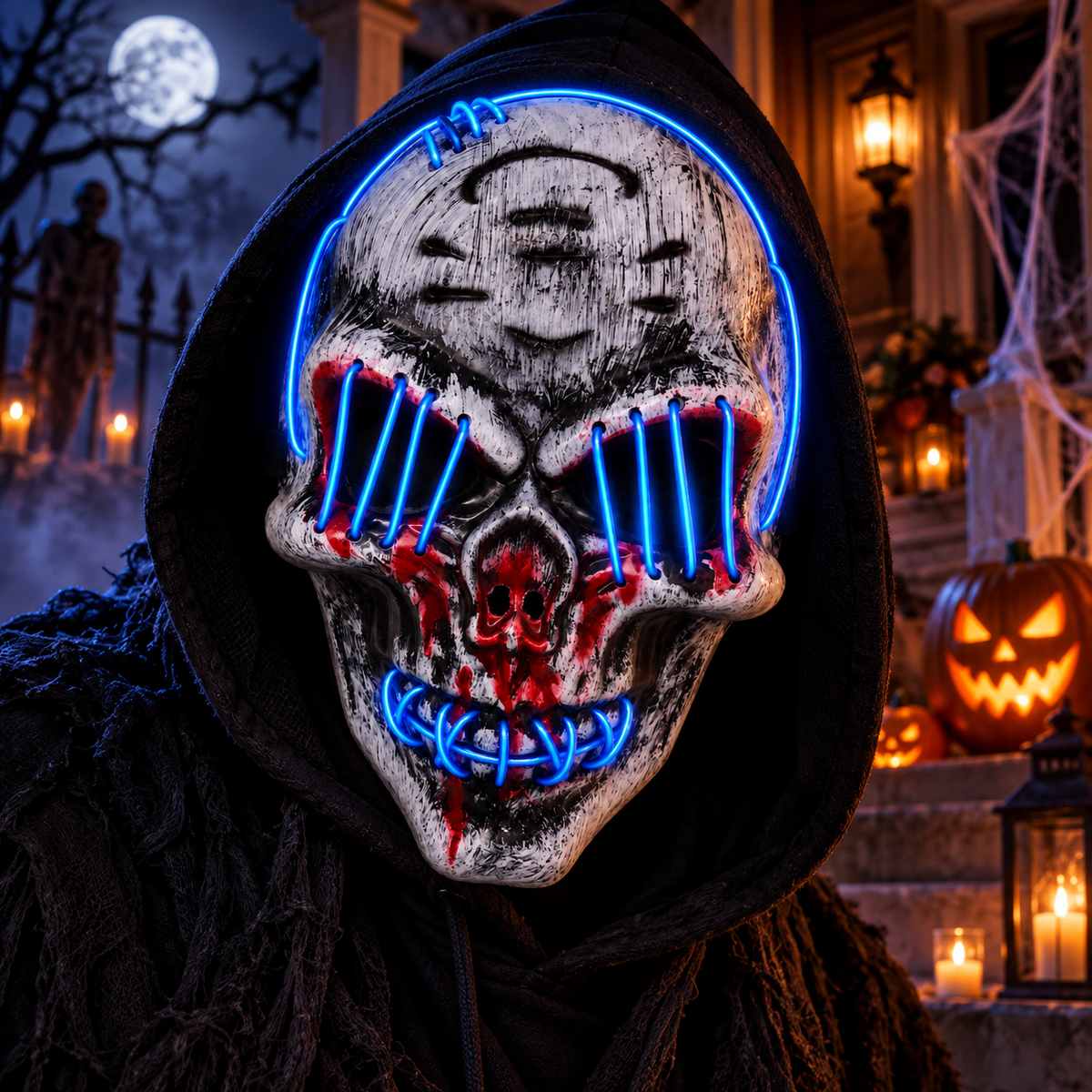 Distressed Skull Halloween Mask with Blue LED Light, 25CM