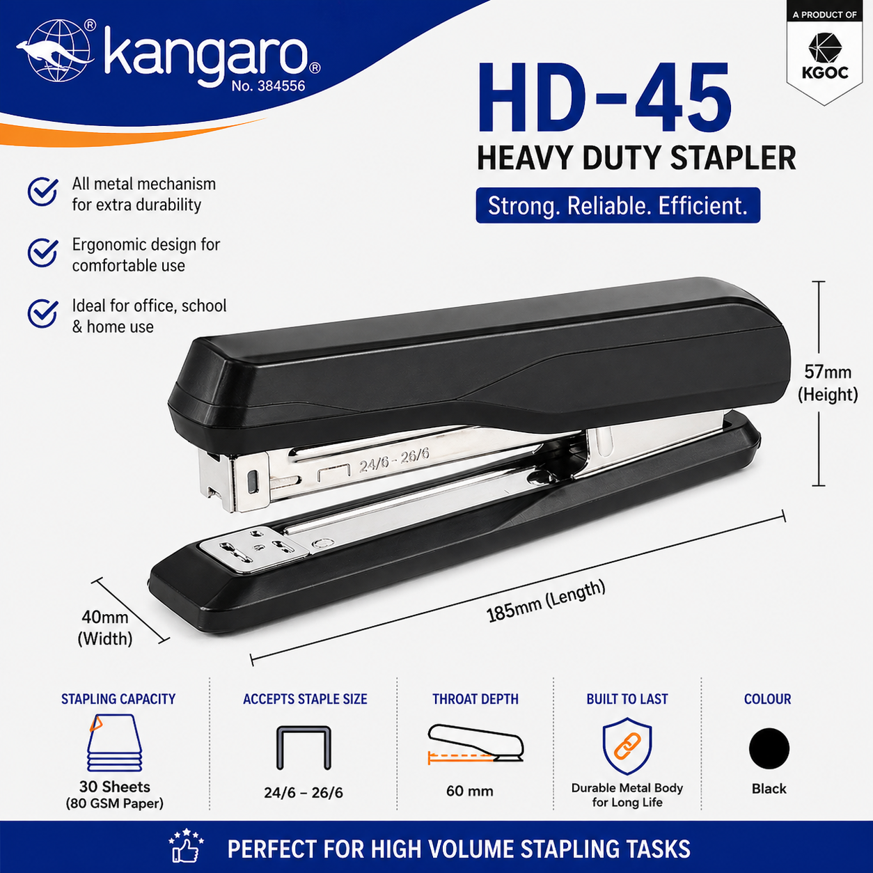Kangaro Office Stapler – HD-45 / DS-45N / DS-E335 Desktop Stapler, 30 Sheet Capacity