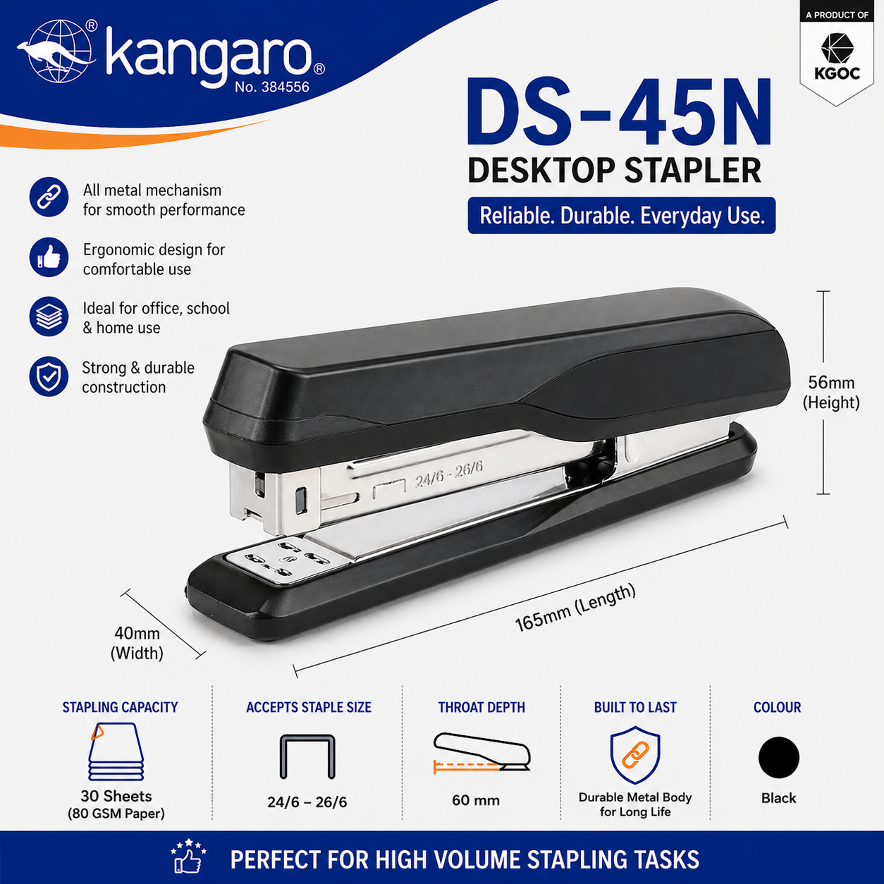 Kangaro Office Stapler – HD-45 / DS-45N / DS-E335 Desktop Stapler, 30 Sheet Capacity