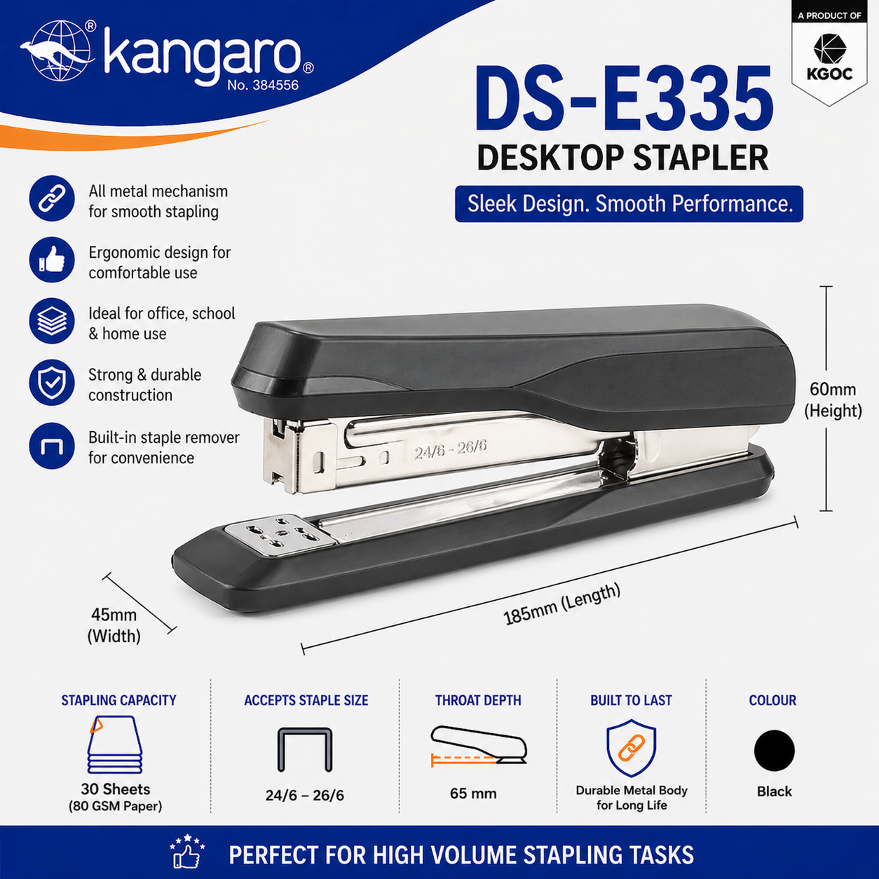 Kangaro Office Stapler – HD-45 / DS-45N / DS-E335 Desktop Stapler, 30 Sheet Capacity