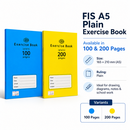 FIS A5 Plain Exercise Book – Unruled School Notebook, 165 × 210 mm, 100 & 200 Pages