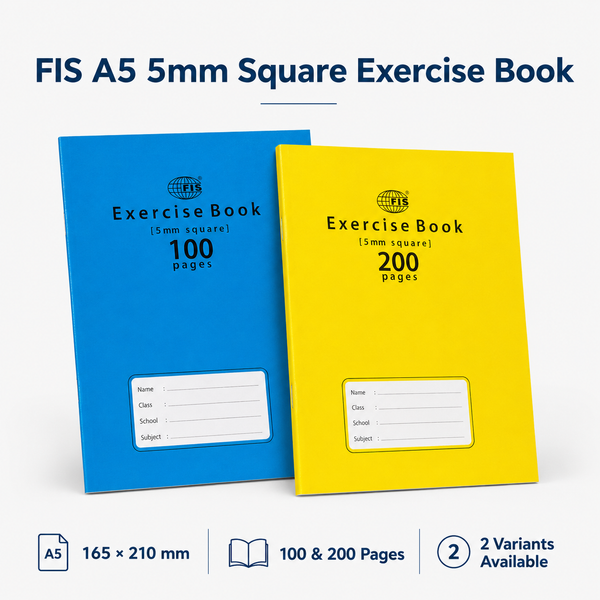 FIS A5 5mm Square Exercise Book – 165 × 210 mm, 100 & 200 Pages