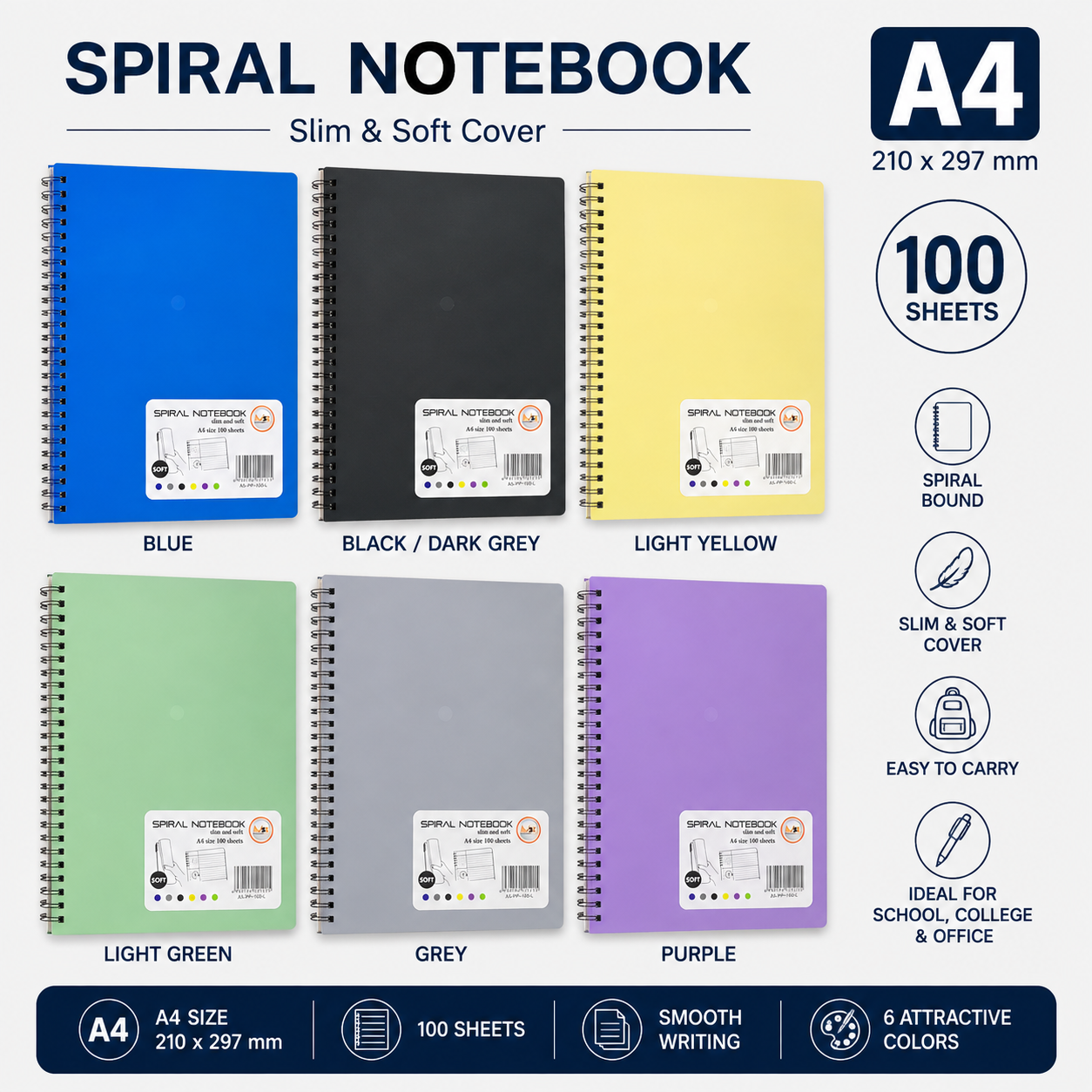 A4 Spiral Notebook – Slim & Soft Cover, 100 Sheets, Assorted Colors