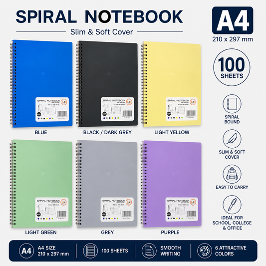 A4 Spiral Notebook – Slim & Soft Cover, 100 Sheets, Assorted Colors