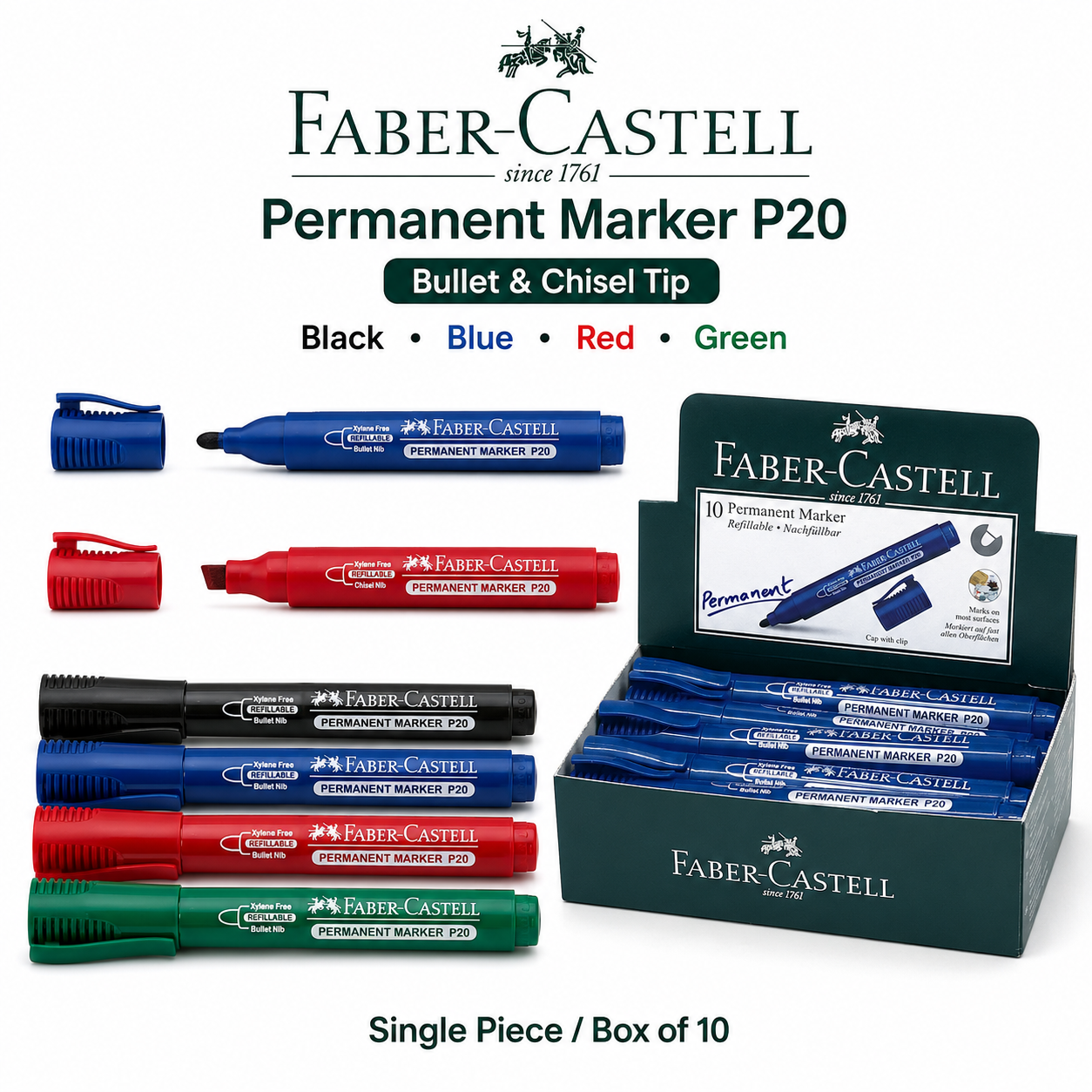 Faber-Castell Permanent Marker P20 – Bullet & Chisel Tip, Black Blue Red Green, Single or Box of 10