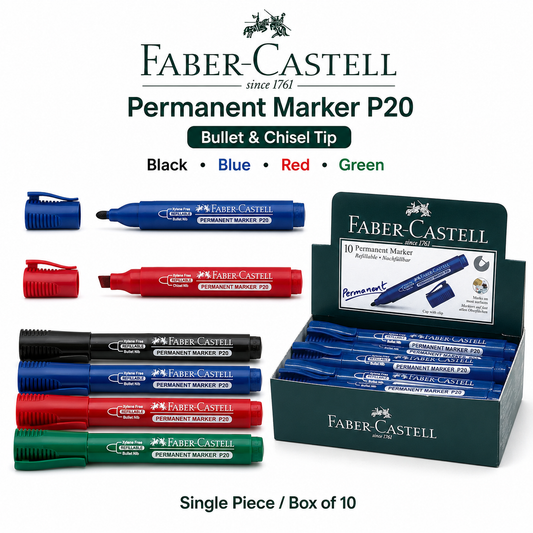 Faber-Castell Permanent Marker P20 – Bullet & Chisel Tip, Black Blue Red Green, Single or Box of 10