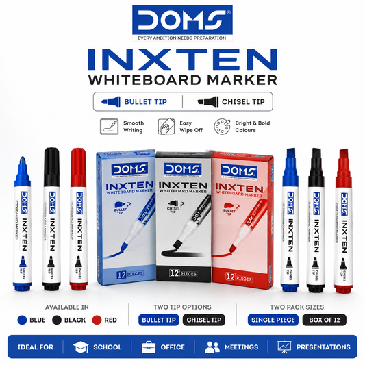 DOMS Inxten Whiteboard Marker – Bullet & Chisel Tip, Blue Black Red, Single or Box of 12