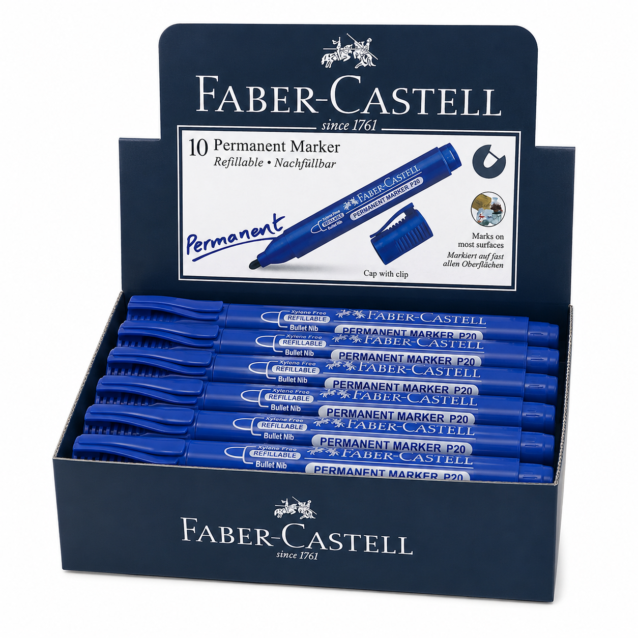 Faber-Castell Permanent Marker P20 – Bullet & Chisel Tip, Black Blue Red Green, Single or Box of 10