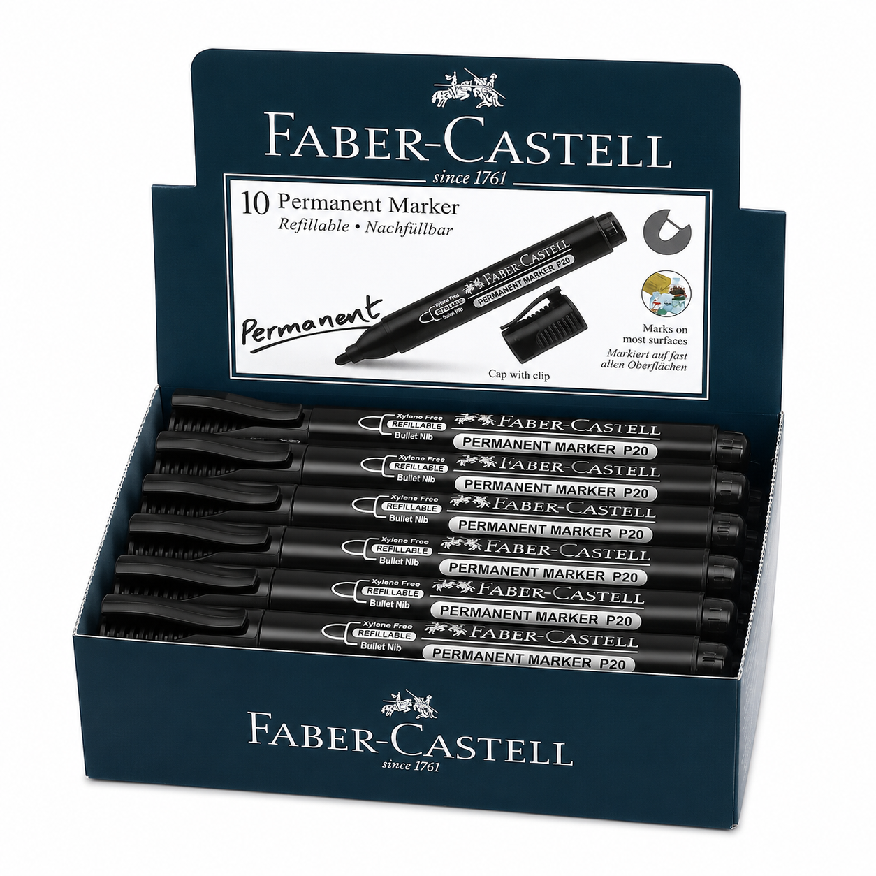 Faber-Castell Permanent Marker P20 – Bullet & Chisel Tip, Black Blue Red Green, Single or Box of 10