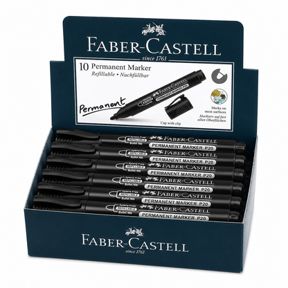 Faber-Castell Permanent Marker P20 – Bullet & Chisel Tip, Black Blue Red Green, Single or Box of 10