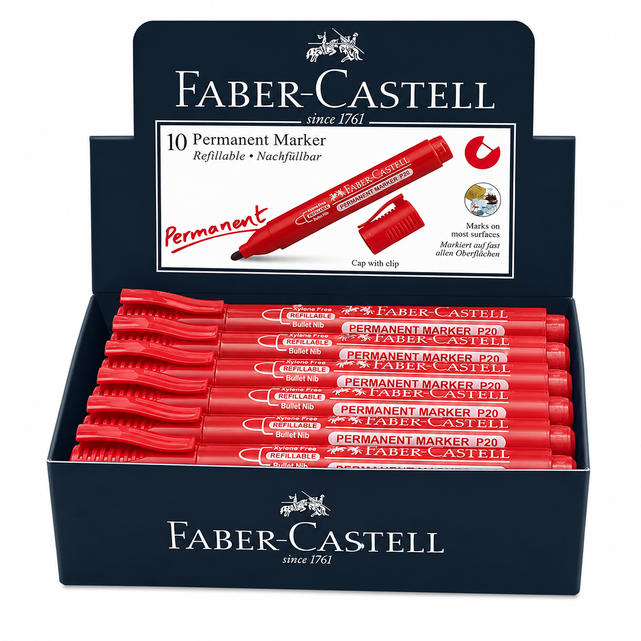 Faber-Castell Permanent Marker P20 – Bullet & Chisel Tip, Black Blue Red Green, Single or Box of 10