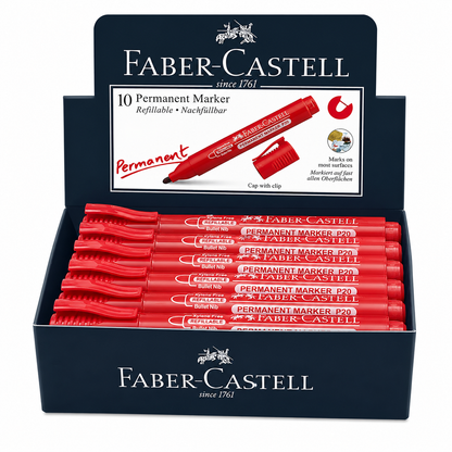 Faber-Castell Permanent Marker P20 – Bullet & Chisel Tip, Black Blue Red Green, Single or Box of 10