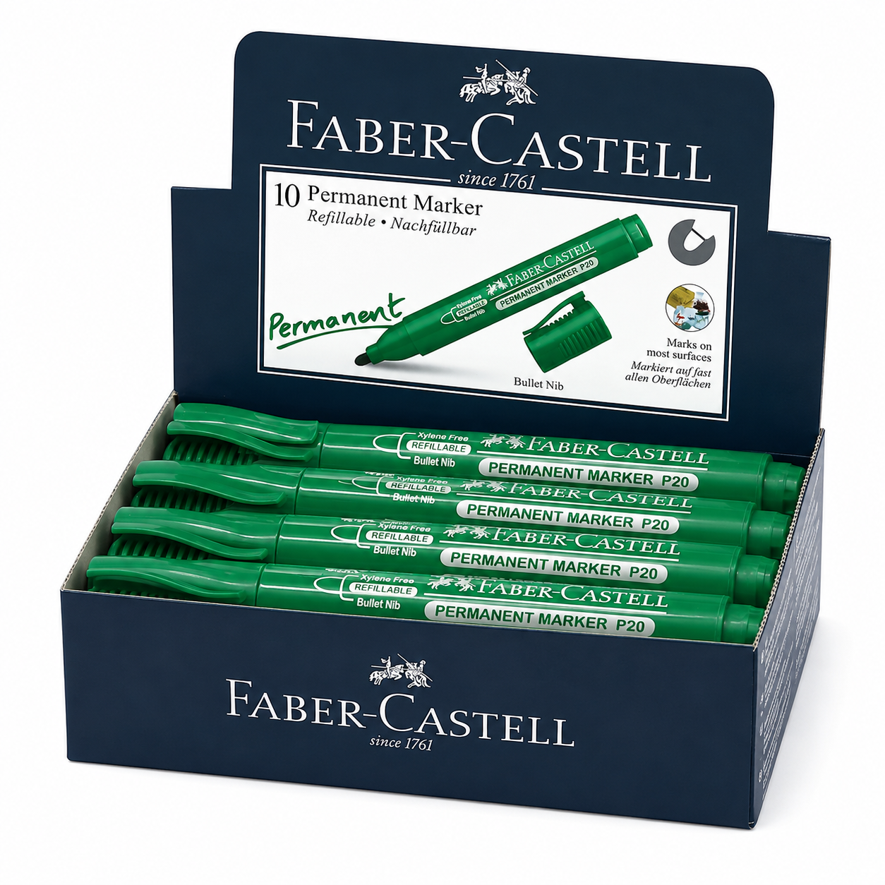 Faber-Castell Permanent Marker P20 – Bullet & Chisel Tip, Black Blue Red Green, Single or Box of 10