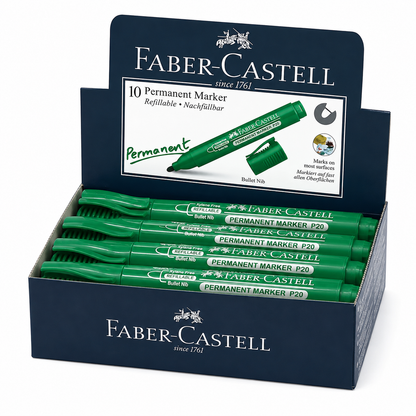 Faber-Castell Permanent Marker P20 – Bullet & Chisel Tip, Black Blue Red Green, Single or Box of 10