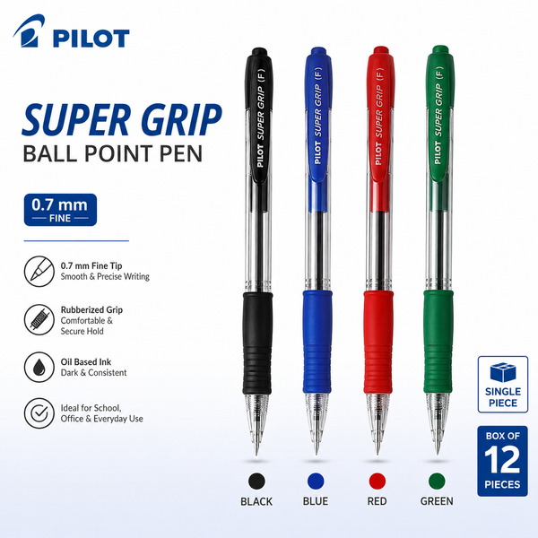 Pilot Super Grip Ball Point Pen 0.7 mm – Black Blue Red Green, Single or Box of 12