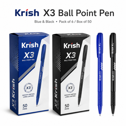 Krish X3 Ball Point Pen – 0.7 mm Extra Fine, Blue & Black, Pack of 6 or Box of 50