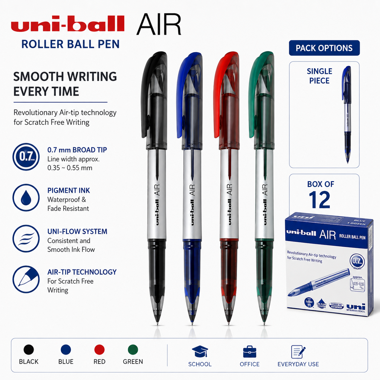 Uni-ball AIR Roller Ball Pen 0.7 mm – Black Blue Red Green, Single Piece or Box of 12