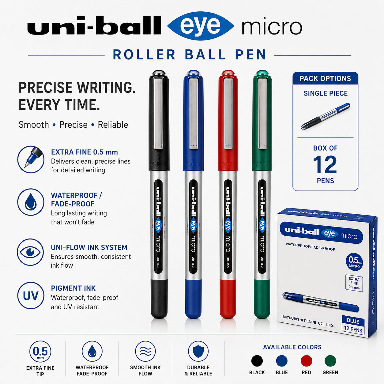 Uni-ball Eye Micro Roller Ball Pen 0.5 mm – Black Blue Red Green, Single Piece or Box of 12