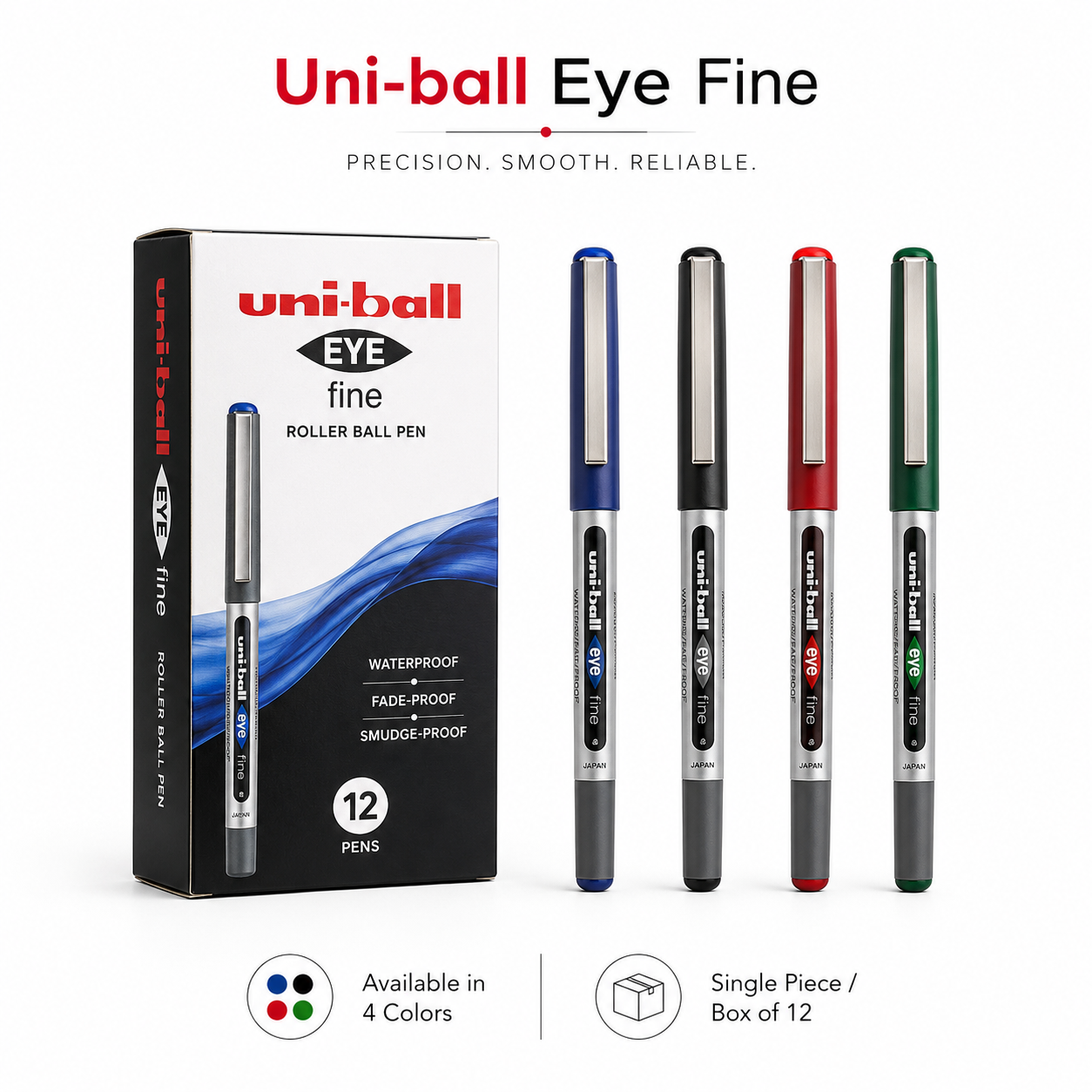 Uni-ball Eye Fine Rollerball Pen – Fine Tip, Blue Black Red Green, Single Piece or Box of 12