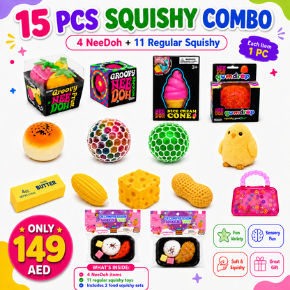15-Piece Squishy Combo Set – 4 NeeDoh + 11 Squishy Toys, Assorted Colors