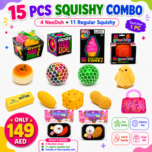 15-Piece Squishy Combo Set – 4 NeeDoh + 11 Squishy Toys, Assorted Colors