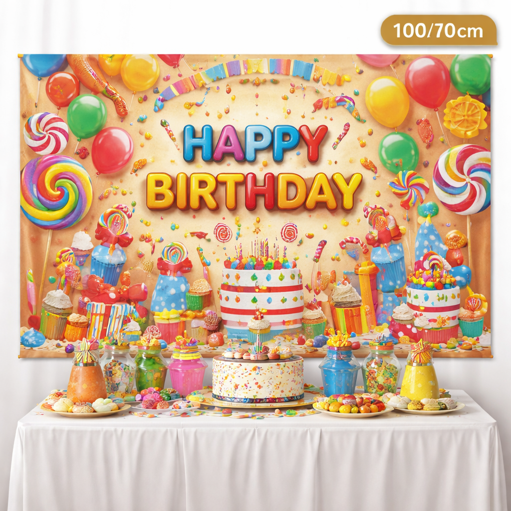 Happy Birthday Candy Theme Fabric Backdrop – Colorful Party Decoration