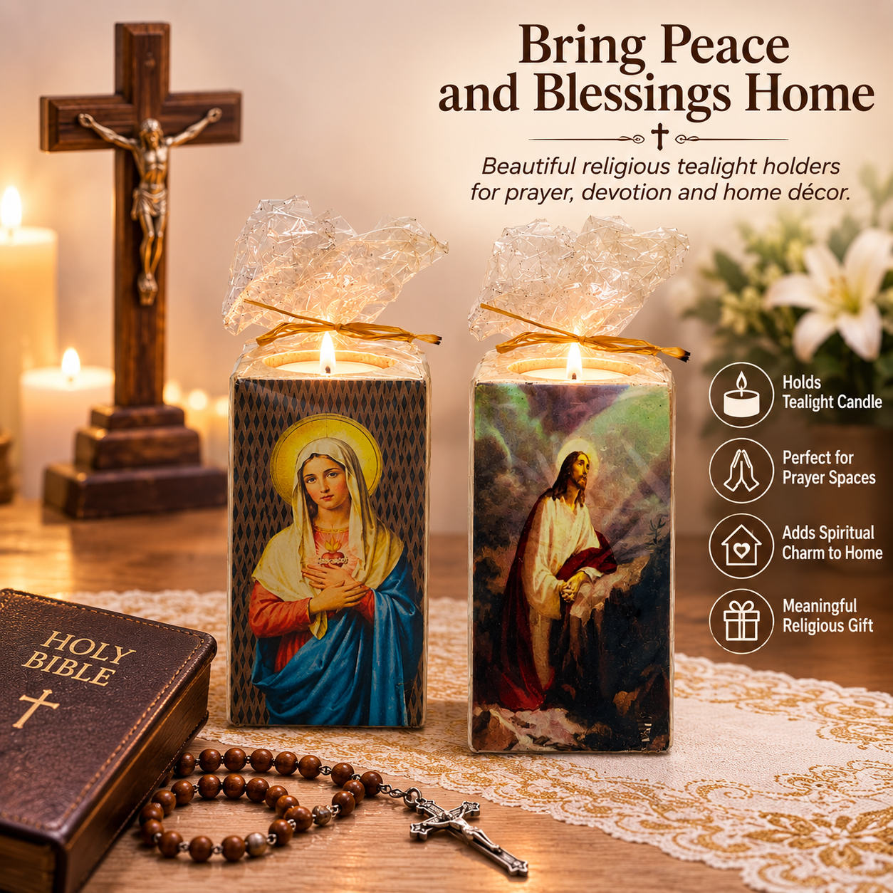 Religious Tealight Candle Holder with Virgin Mary & Jesus Artwork, Prayer Decor, 12cm