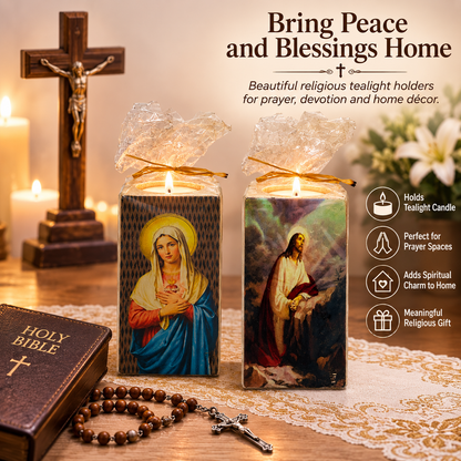 Religious Tealight Candle Holder with Virgin Mary & Jesus Artwork, Prayer Decor, 12cm