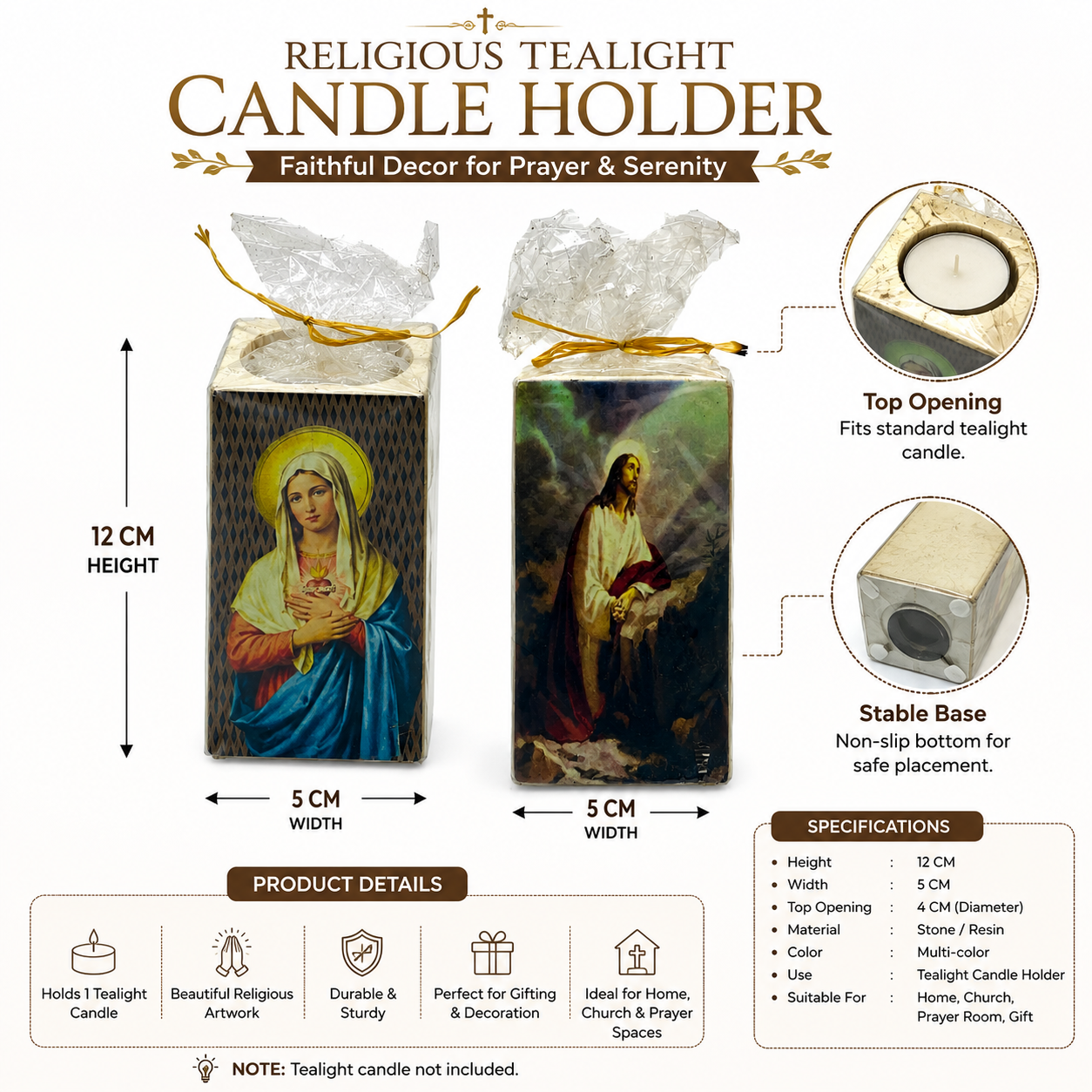 Religious Tealight Candle Holder with Virgin Mary & Jesus Artwork, Prayer Decor, 12cm